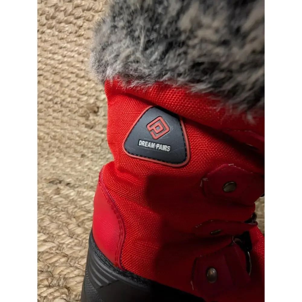 Dream Pairs Girls Sz 1 Red Black Faux FurTrim Thinsulate Waterproof Winter Boots